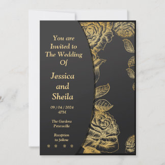 Faire-part de mariage noir et or design,