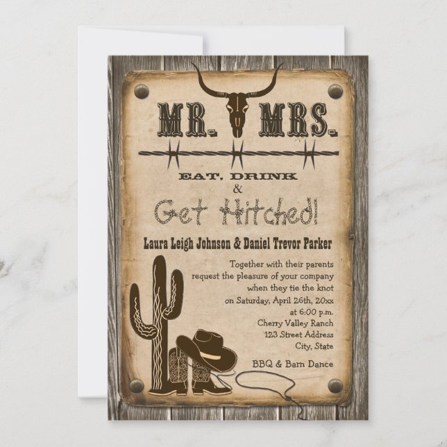 Faire-part de mariage occidental en bois rustique (Devant)