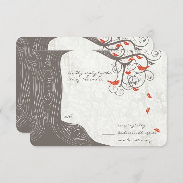 Faire-part de mariage Oiseaux de l'amour Corail d' (Devant / Derrière)