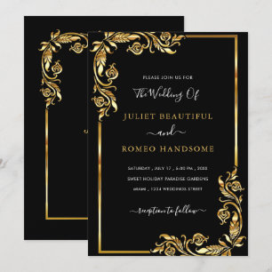 Faire-part de mariage or noir encadré Feuille doré