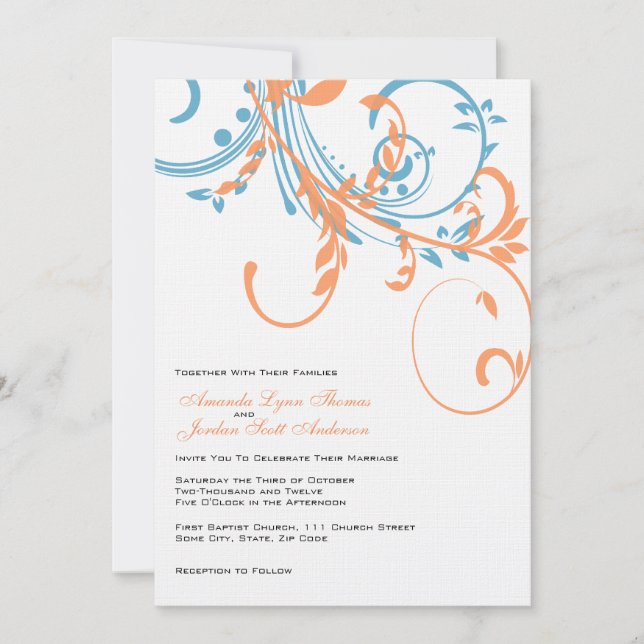 Faire-part de mariage orange et Turquoise à double (Devant)