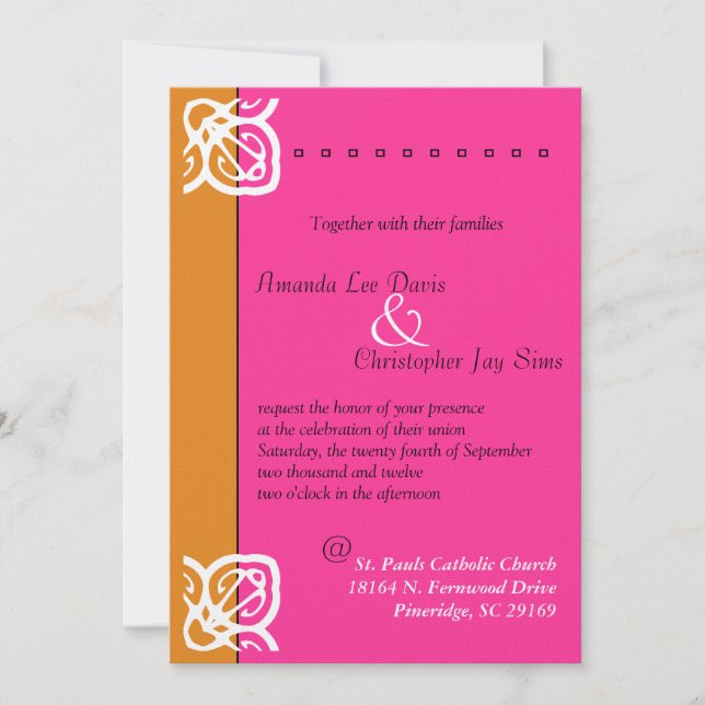 Faire-part de mariage ornementale orange et rose (Devant)