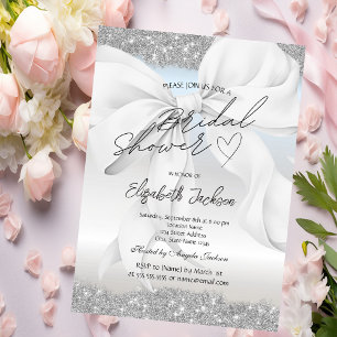 Faire-part de mariage pailleté argent et nœud blan