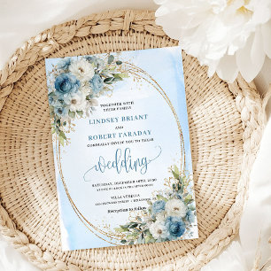 Faire-part de mariage pailleté floral bleu pastel 
