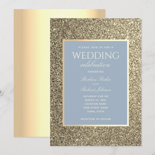 Faire-part de mariage pailleté or et bleu poussiér (Devant / Derrière)