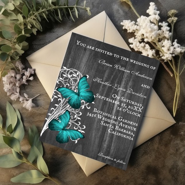 Faire-part de mariage papillon rustique turquoise (Teal Rustic Butterfly Wedding Invitation)