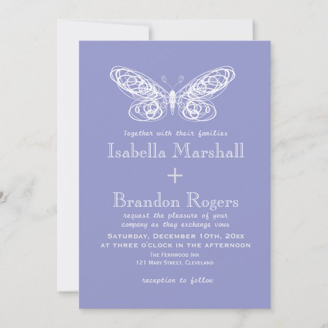 Faire-part de mariage papillon violet (Devant)