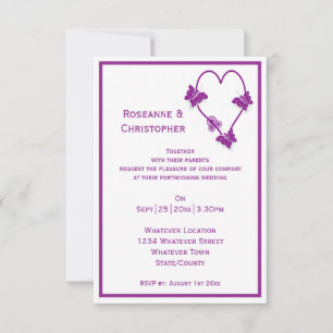 Faire-part de mariage papillons violets motif cœur