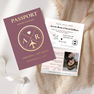 Faire-part de mariage Passport Gold Et Dark Mauve