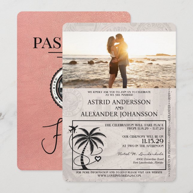 Faire-part de mariage Passport Gold Florida rose (Devant / Derrière)