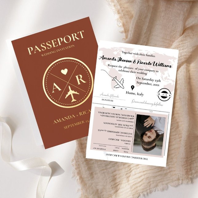 Faire-part de mariage Passport orange or et brûlé (Créateur téléchargé)