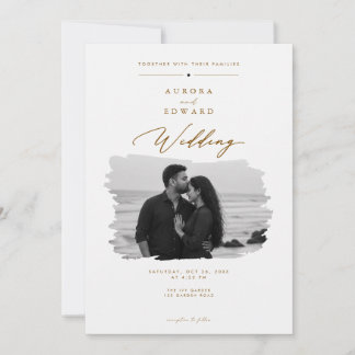 Faire-part de mariage photo avec écriture dorée él