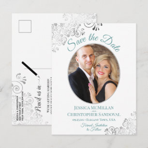 Faire-part de mariage photo blanc dentelle argenté