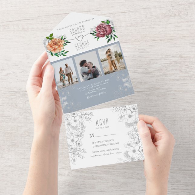 Faire-part de mariage photo bleu foncé rose (Déchirure)