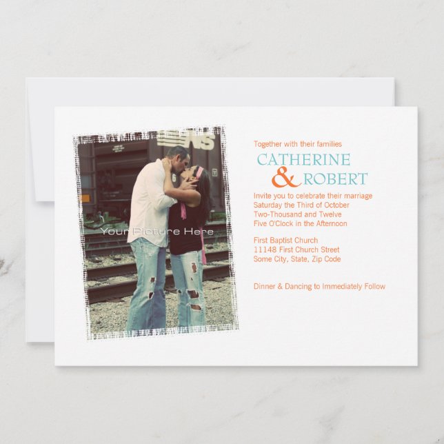 Faire-part de mariage photo bleu orange et Turquoi (Devant)