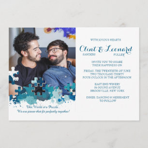 Faire-part de mariage photo bleu pièces de puzzle