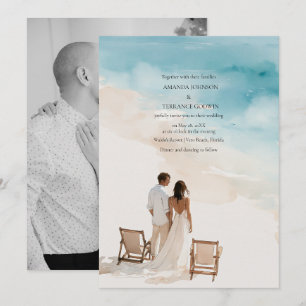 Faire-part de mariage photo de plage à l'aquarelle
