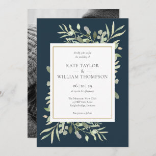 Faire-part de mariage photo Deep Sea Blue Greenery