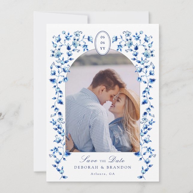 Faire-part de mariage photo Delft bleu et blanc (Devant)