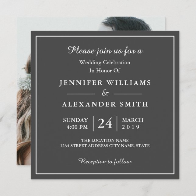 Faire-part de mariage photo élégant en gris foncé (Devant / Derrière)