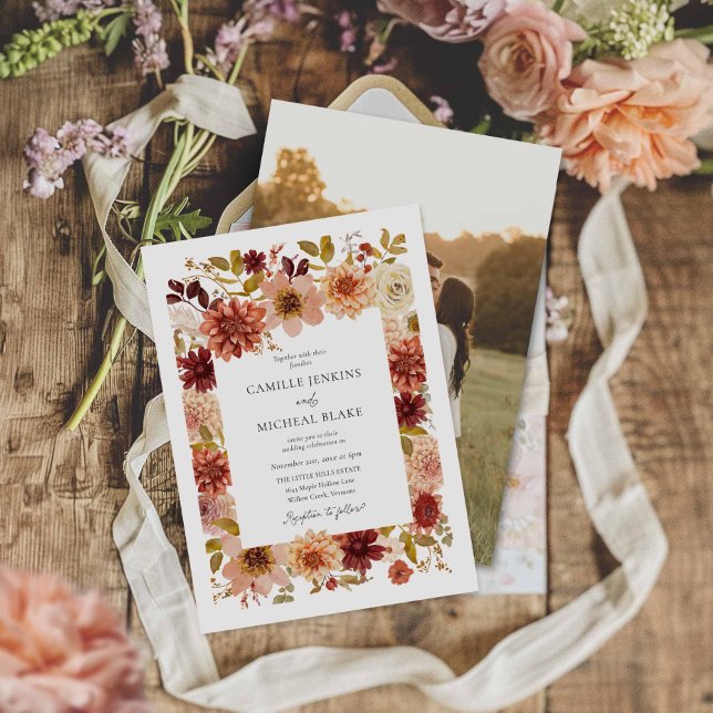 Faire-part de mariage photo floral en terre cuite  (Rustic Botanical Fall Photo Wedding invite)