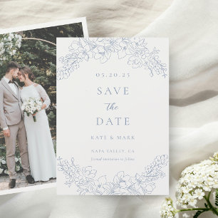 Faire-part de mariage photo florale bleue délicate