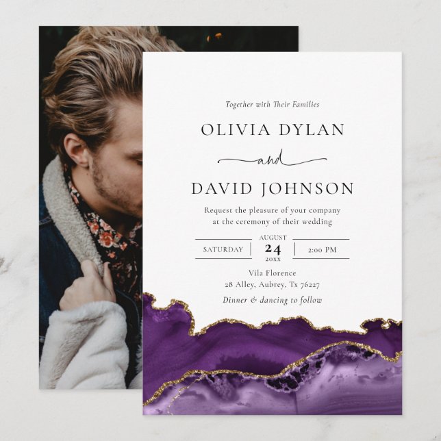 Faire-part de mariage photo moderne Purple Gold Ag (Devant / Derrière)