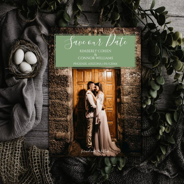 Faire-part de mariage photo moderne | Vert mousse (Moss Green Modern Photo Save the Date)
