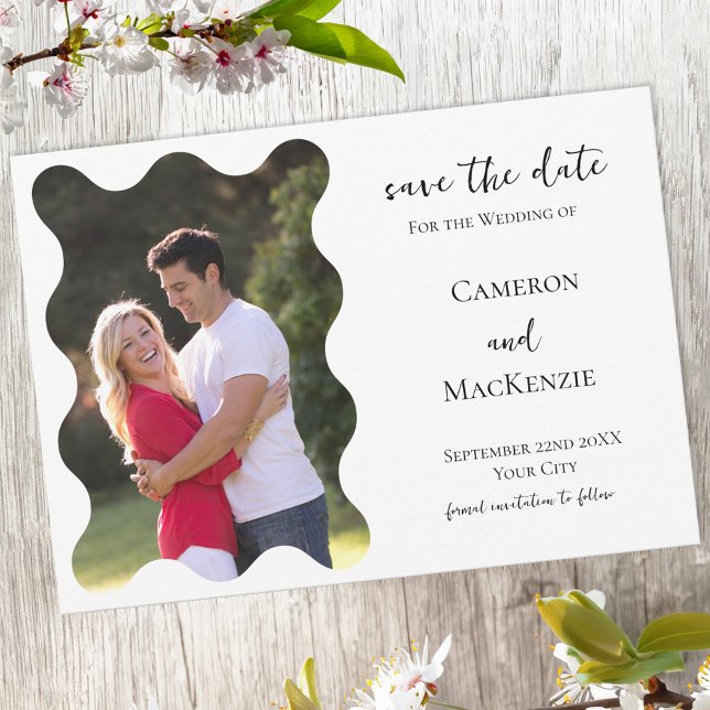 Faire-Part de Mariage Photo Ondulée Moderne 'Save  (Modern wavy frame photo wedding save the date invitation announcement with custom text)