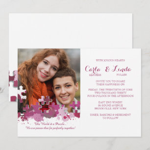 Faire-part de mariage photo pièces de puzzle rose