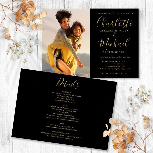Faire-Part de Mariage Photo Tout en Un Écriture No (Black And Gold Script Photo Wedding All In One Invitation)