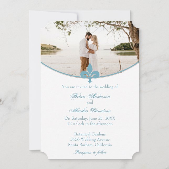 Faire-part de mariage photo turquoise Fleur de Lis (Devant)