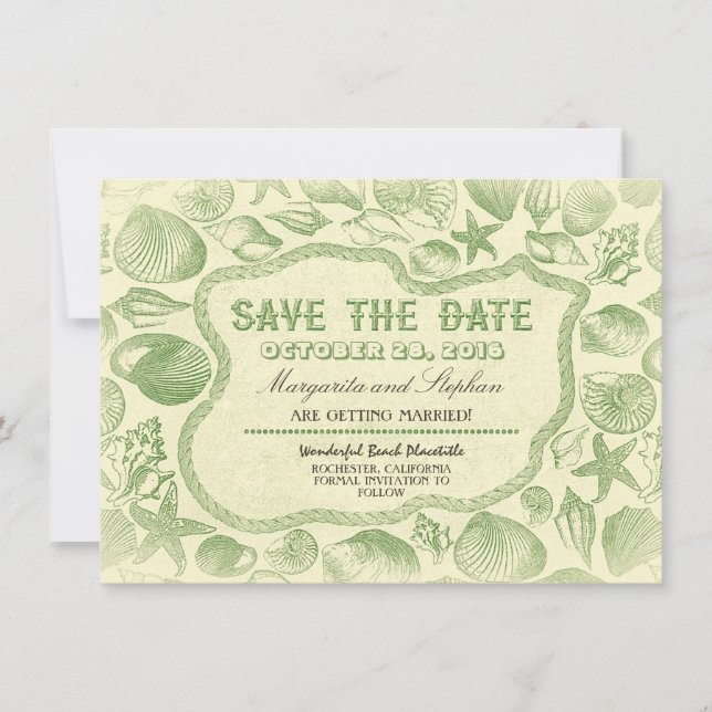 faire-part de mariage plage coquillages verts (Devant)