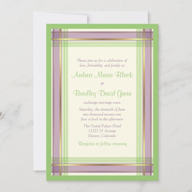 Faire-part de mariage Plaid vert à la menthe viole (Devant)