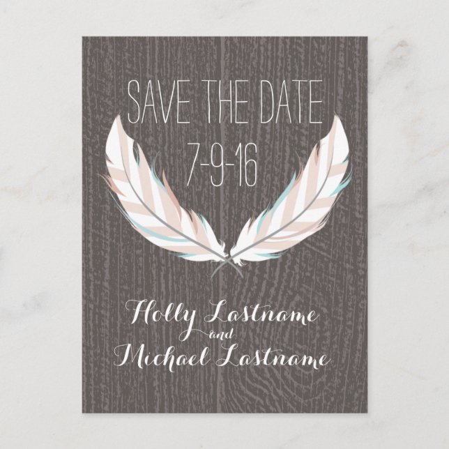 Faire-Part de Mariage Plumes + Bois de Grange (Devant)