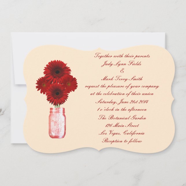 Faire-part de mariage Pot Mason Fleurs Rouges (Devant)