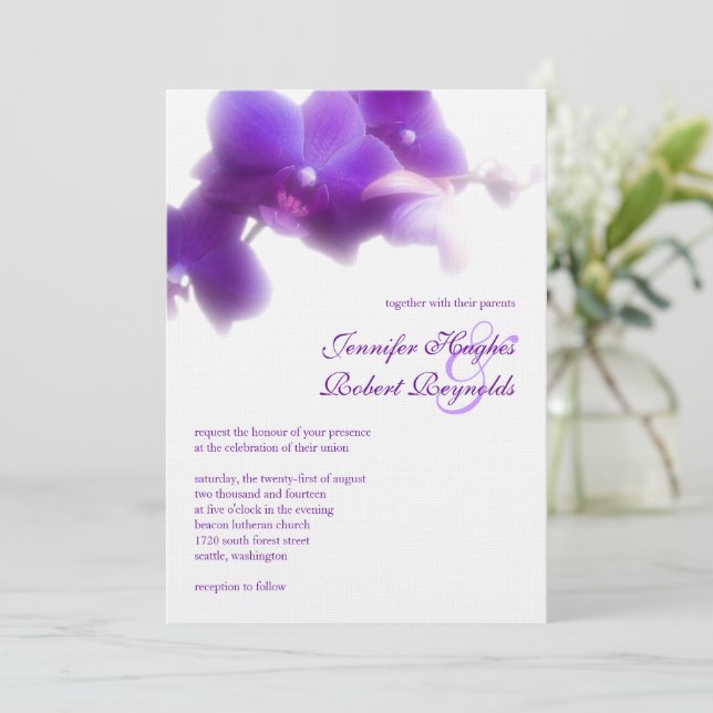 Faire-part de mariage pourpre orchidée (Debout devant)