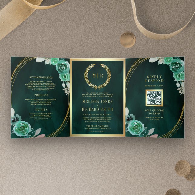 Faire-part de mariage QR Code Roses Vert Émeraude  (Créateur téléchargé)