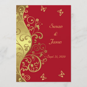 Faire-part de mariage--Remous d'or et 5x7 rouge
