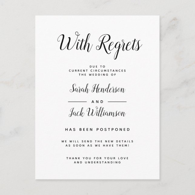 Faire-part de mariage reporté avec regrets N&B (Devant)