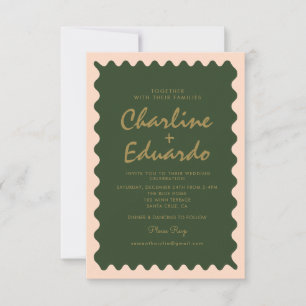 Faire-part de mariage Retro Wavy Green Peach Paste