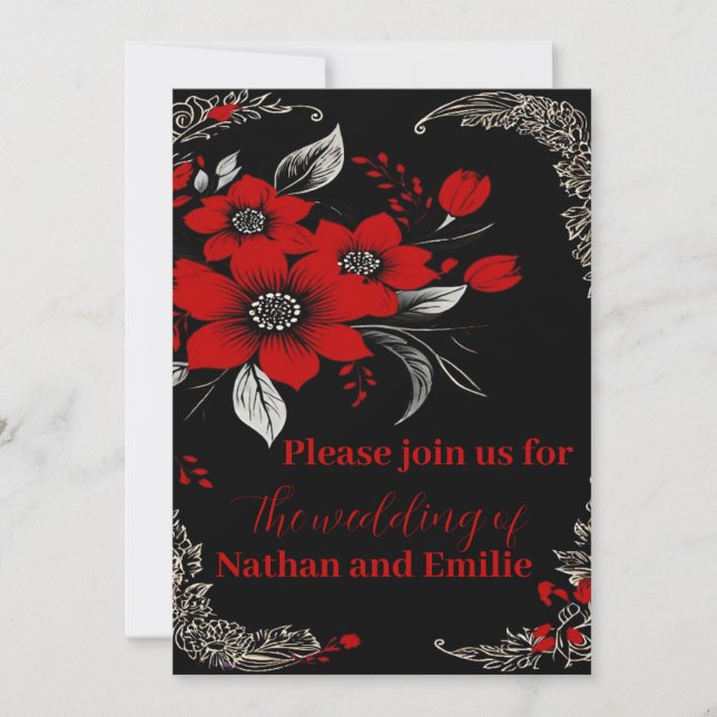 Faire-part de mariage romantique rouge et noir (Devant)