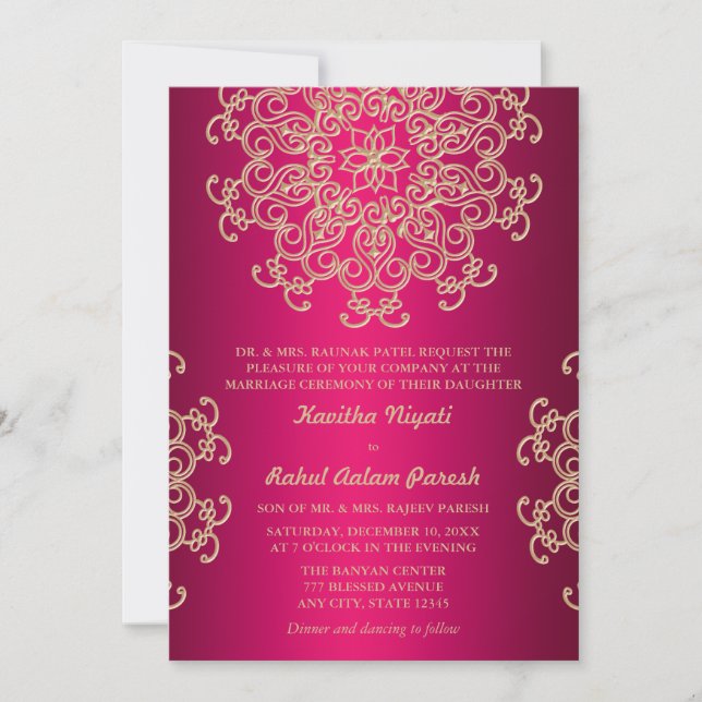 Faire-part de mariage rose chaud et or de style in (Devant)