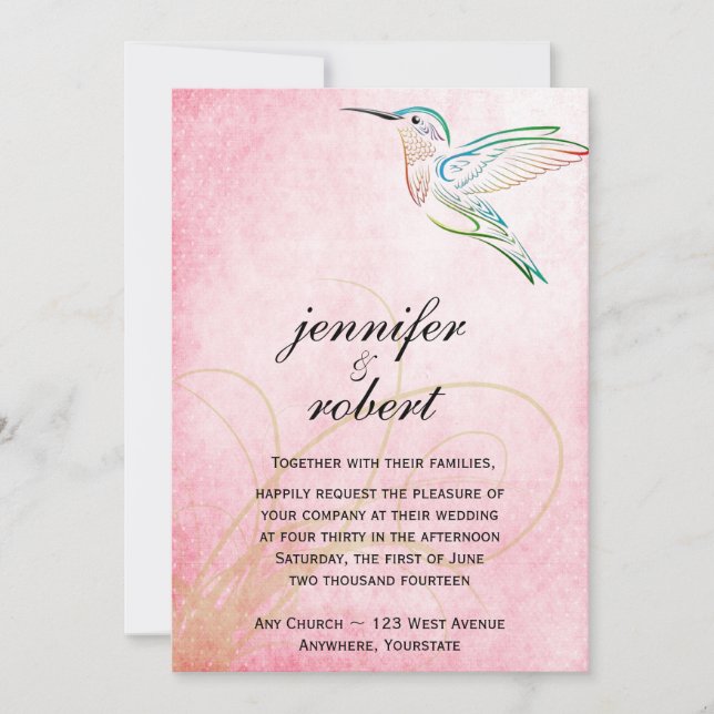 Faire-part de mariage rose d'aquarelle de colibri (Devant)
