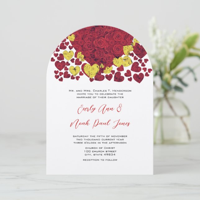 Faire-part de mariage Rose du coeur jaune et rouge (Debout devant)