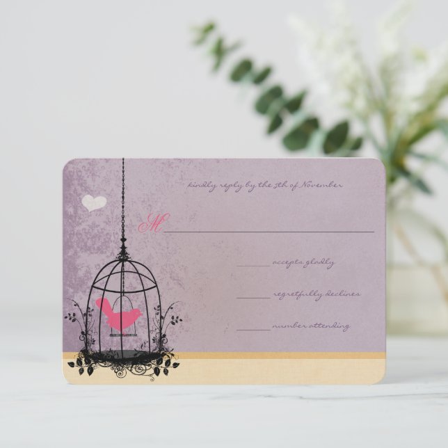 Faire-part de mariage Rose et Aubergine Cage à Ois (Debout devant)