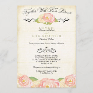 Faire-part de mariage rose et crème floral