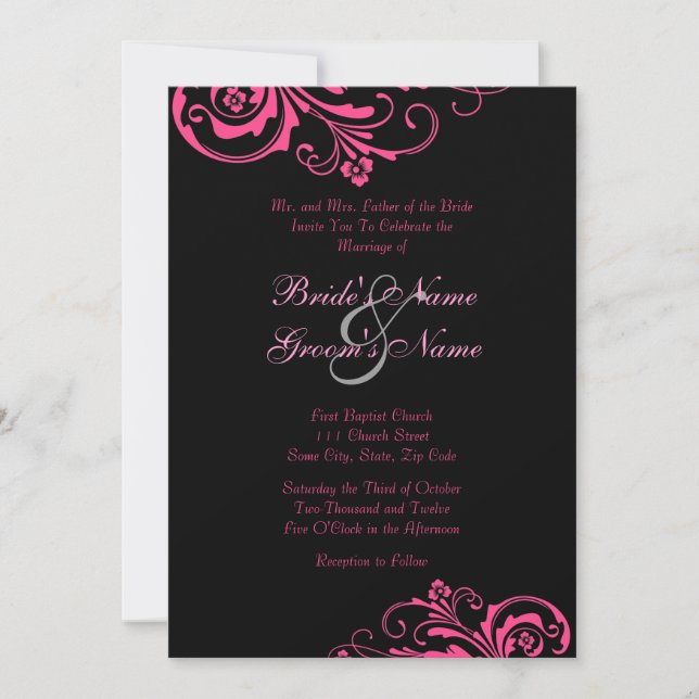 Faire-part de mariage rose et noir chic (Devant)
