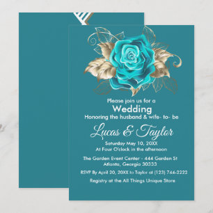 Faire-part de mariage Rose et plumes d'or turquois