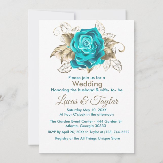 Faire-part de mariage Rose et plumes d'or turquois (Devant)